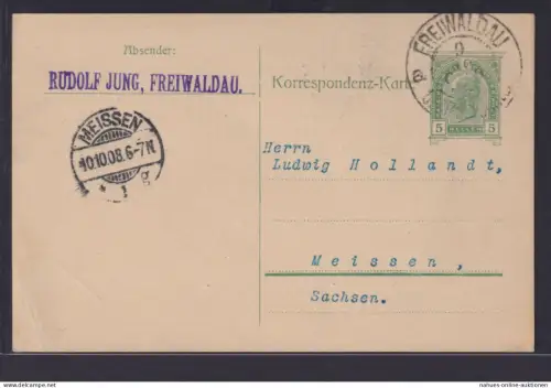 Tschechien Österreich Ganzsache 5 Heller K2 Freiwaldau nach Meissen Sachesn