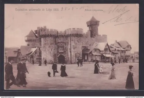 Ansichtskarte Liege Lüttich Weltausstellung 1905 Burg Menschen nach Wiesbaden