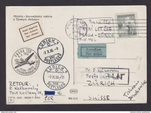 Flugpost Brief Air Mail Tschechoslowakei Prag Zürich Schweiz 1956