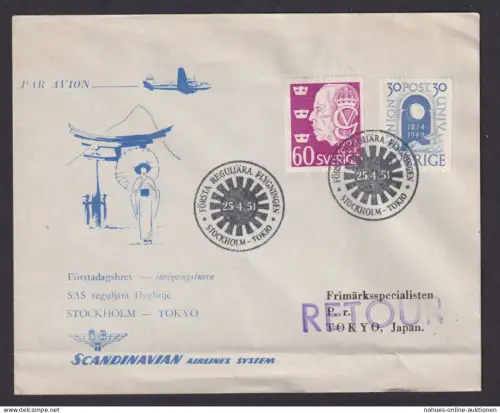Flugpost Brief Air Mail SAS Schweden Stockholm Tokio 25.4.1951
