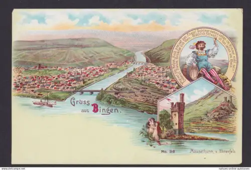 Litho Ansichtskarte Bingen Rheinland Pfalz Rhein Fluss Mäusethurm Ehrenfels