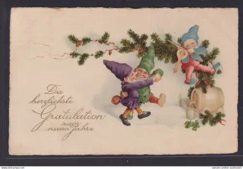 Ansichtskarte Zwerge Künstlerkarte Neujahrsgruß ab Bad Tölz Bayern n. Heilbrunn