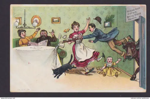Ansichtskarte Künstlerkarte Scherzkarte Humor Familienfest Unglück