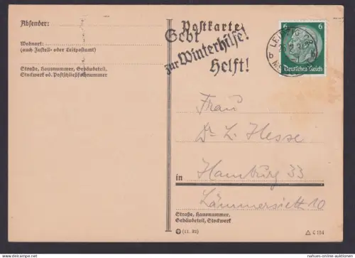 Deutsches Reich Drittes Reich Karte SST Gebt zur Winterhilfe Helft ab Leipzig