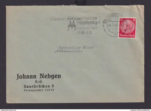 Saarbrücken Saarland Deutsches Reich Drittes Reich Brief SST Reichsmesse in