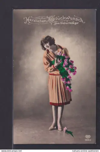 Ansichtskarte Junge Frau Schönheit Geburtstag Blumenschmuck ab Geithain Sachsen