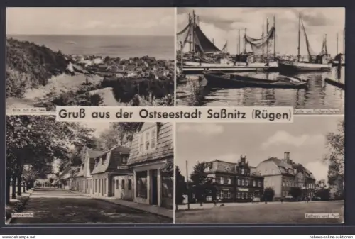 Ansichtskarte Saßnitz Rügen Insel Promenade Post Rathaus Fischereihafen
