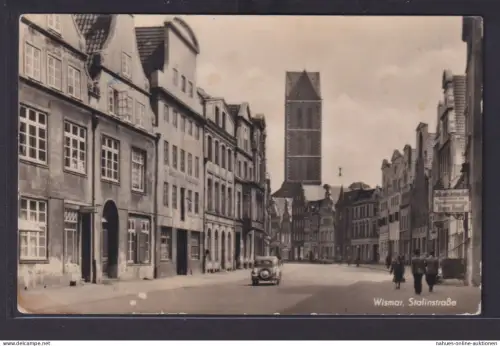 Ansichtskarte Wismar Stalinstrasse Vulkanisieranstalt Hans Roolf Friseur