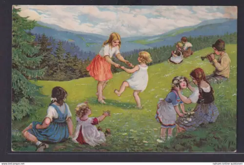 Ansichtskarte Künstlerkarte Kinder Tanz Reigen Landschaft