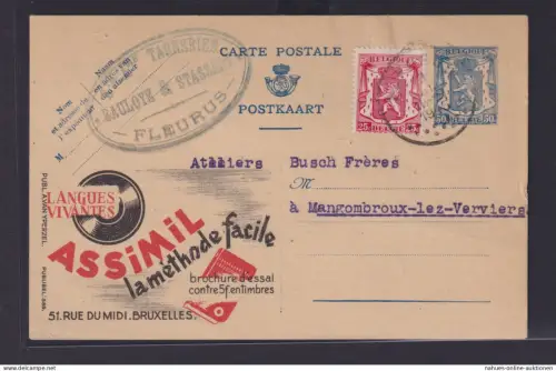 Belgien Ganzsach mit ZuF Reklame Werbung Fleurus nach Mangombroux lez Verviers