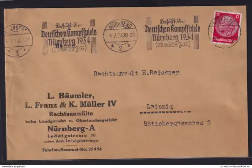 Sport Deutsches Reich Brief selt. Maschinen SST Deutsche Kampfspiele Nürnberg