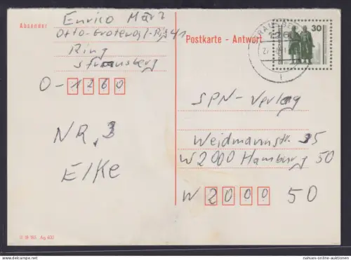 DDR Ganzsache P 108 A Antwort Goethe Schiller Denkmal Strausberg nach Hamburg