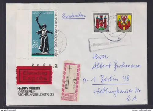 DDR Bogenecke Eckrand Druckvermerk Eilboten Brief R1 Nachsendung Berlin Mahn
