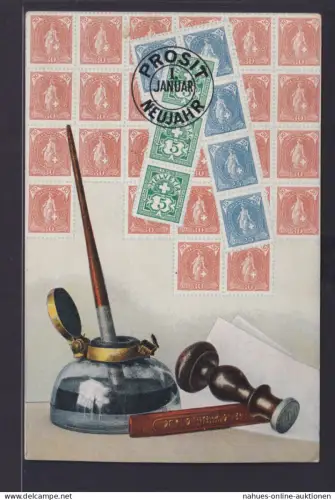 Ansichtskarte Grußkarte Neujahr Abbildung Briefmarkenblock Füllfederhalter