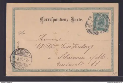 Österreich Kaiserreich Ganzsache Kah..... nach Schwerin 1900