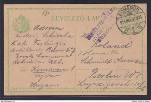 Zensur Ungarn Ganzsache GSK 5 Filler Komárom nach Berlin 28.3.1915