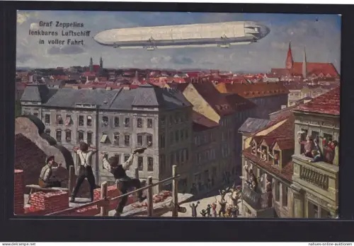 Ansichtskarte Zeppelin Luftschiff über Stadt Künstlerkarte Paasanten + Studenten