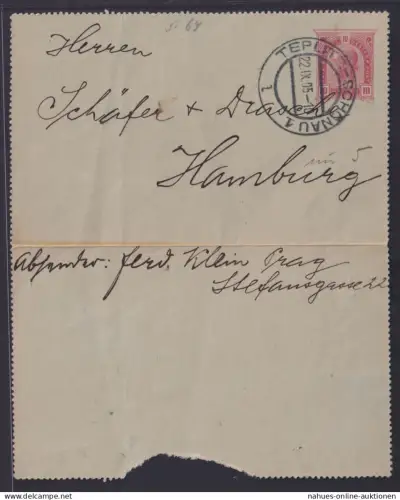 Österreich Ganzsache Teplitz Schönau Kartenbrief Böhmen Tschechien nach Hamburg