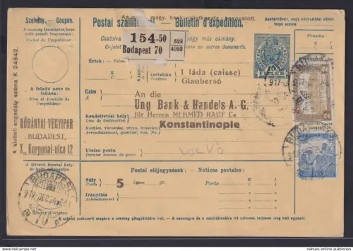 Ungarn Ganzsache Paketkarte 10 Filler blau mit ZuF Budapest nach Konstantinopel