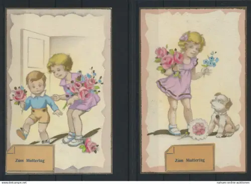 2 Künstler Ansichtskarten zu Muttertag Abb. Kinder Blumen Hund handcoloriert