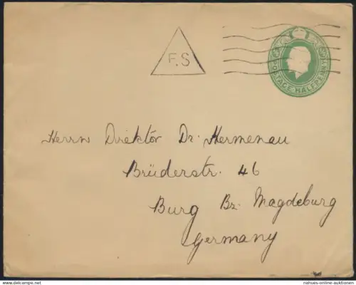 Großbritannien Privatganzsache 1/2c King Georg Zensur Stempel F.S n. Burg