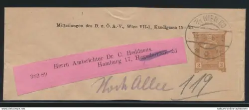 Österreich Privatganzsache Streifband Wien nach Hamburg 3 H. Franz Joseph Wien60