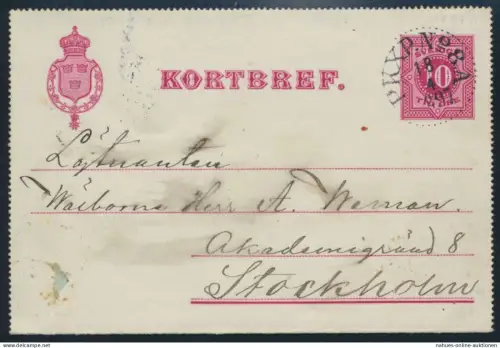 Schweden Ganzsache Kartenbrief K 2 mit Bahnpost-Stempel PKXP.No. 8.A. Stockholm