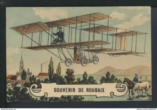 Ansichtskarte Roubaix Frankreich ab Turnai Belgien frühe Flugkarte Flugzeug Feldpost