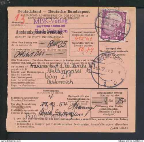 Bund EF 40 Pfg Heuss Auslandspostanweisung Bad Salzuflen NRW Wien Österreich 1954