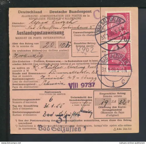 Bund Brief MEF Heuss Auslandspostanweisung Bad Salzuflen NRW Zürich Schweiz