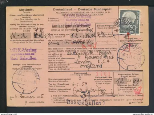 Bund Brief EF 50 Pfg Heuss Auslandspostanweisung Bad Salzuflen NRW London