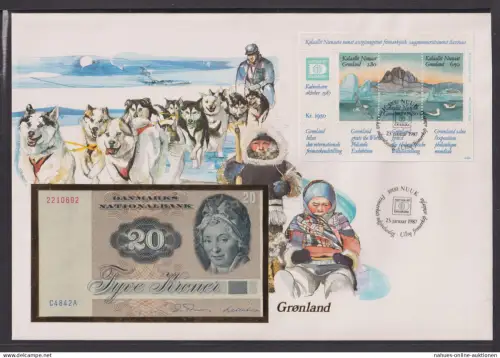 Geldschein Banknote Banknotenbrief Grönland Europa exotisches Motiv Huskys Hunde