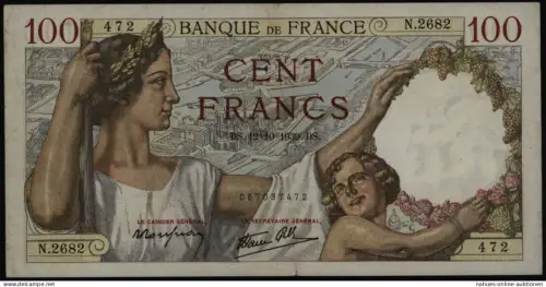 Geldschein Banknote Frankreich 100 Cent Francs 1939 II-III. EF-VF 94