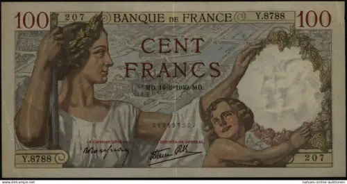 Geldschein Banknote Frankreich 100 Cent Francs 1940 III. VF 94
