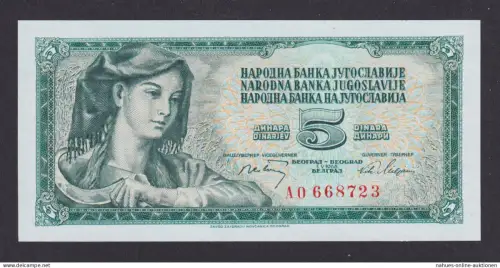 Banknoten Geldscheine Jugoslawien 5 Din 1968 Narodna Banka Jugoslavije unc.