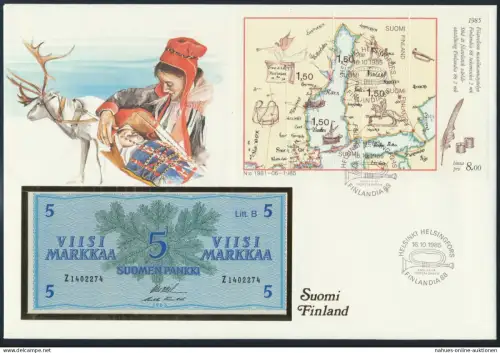 Geldschein Banknote Banknotenbrief Finnland Finland + Briefmarken 5 Markka P106A