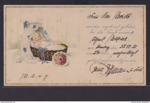 Ansichtskarte Einladung Geburt Künstlerkarte Baby Wiege