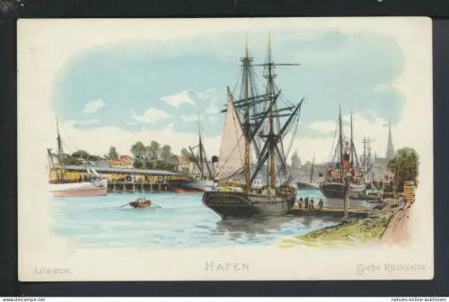 Litho Ansichtskarte Lübeck Schleswig-Holstein Hafen Litho Reklame Hoffmann Rezept