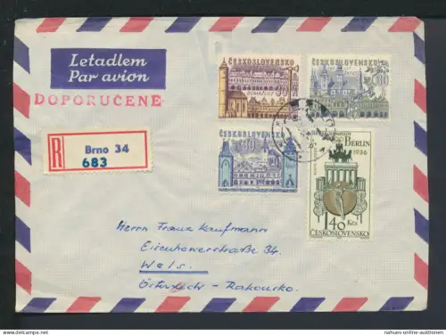 Flugpost R-Brief Air Mail Tschechoslowakei Brünn Wels Österreich 1957