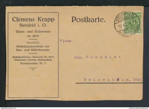 Deutsches Reich Infla Karte EF 232 Posthorn Steinfeld Niedersachsen Geisenheim