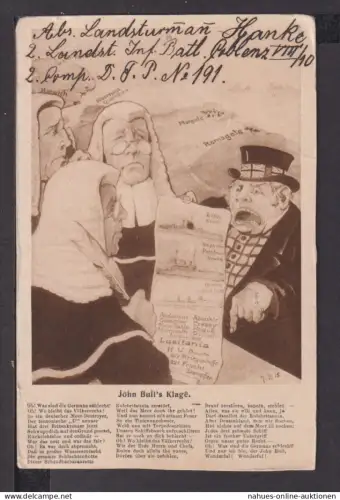 Ansichtskarte John Bulls Klage Feldpost 1917 Elberfeld Wuppertal NRW