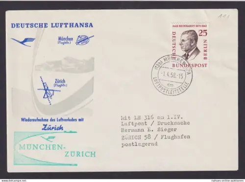 Bund Berlin Brief Flugpost Airmail EF 25 Pfg. Männer München Zürich Schweiz