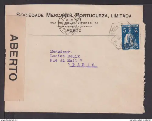 Portugal Republica Portuguesa Zensur Brief nach K2 Paris R.P Etranger Frankreich