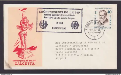 Berlin Bund Brief Flugpost Airmail EF 40 Pfg. Männer Hamburg Calcutta Indien