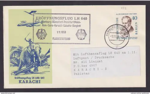 Bund Berlin Brief Flugpost Airmail EF 40 Pfg. Männer Hamburg Karacji Pakistan