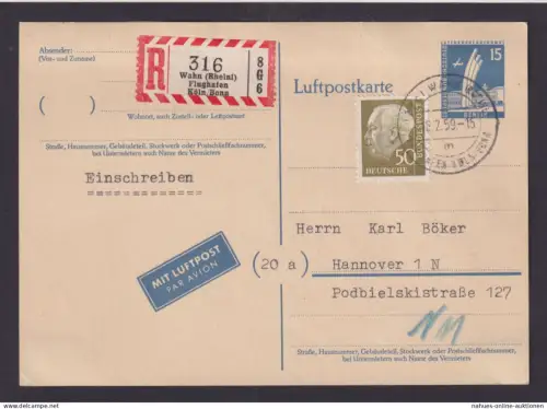 Flugpost Berlin Bund R Ganzsache ZuF Heuss Wahn Rheinland Hannover Niedersachsen