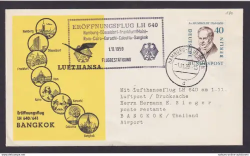 Bund Berlin Brief Flugpost Airmail EF 40 Pfg. Männer Hamburg Bankok Thailand