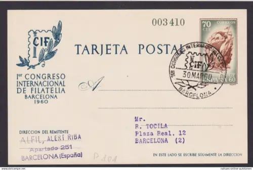 Barcelona Spanien Ganzsache P 101 mit SST Philatelie Congress 1960