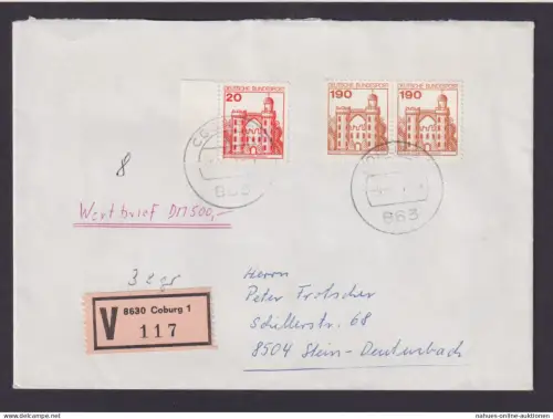 Bund Wert Brief Coburg Bayern Stein Rand Block Paar 190 Pfg. Burgen & Schlösser