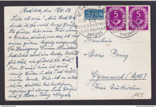 Bund Brief Posthorn MEF Paar 129 Ansichtskarte Bad Orb Hessen Spessart SST